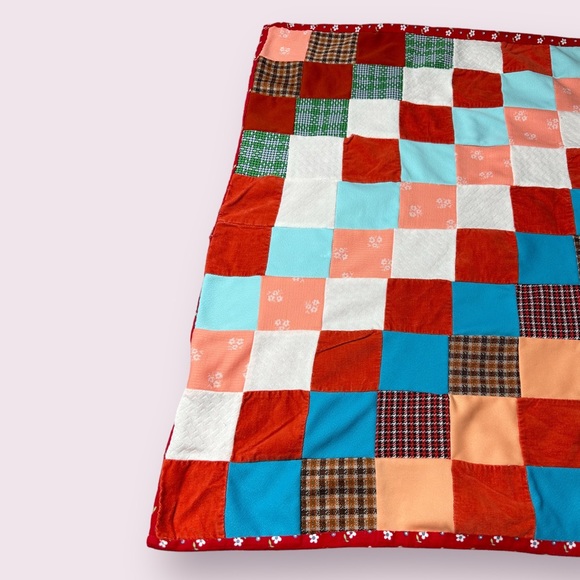 Vintage Handmade Mixed Fabric Red Orange Teal Burnt Orange Plaid Floral Quilt - Picture 3 of 9